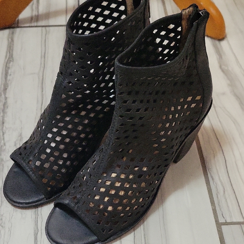 Kelsi Dagger Brooklyn Leather  Black Peep-Toe Ankle Boots